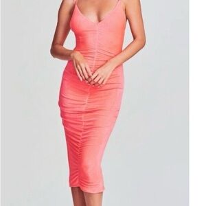 SER.O.YA Neon Coral Ruched Bodycon Midi Dress NWT S Spaghetti Strap